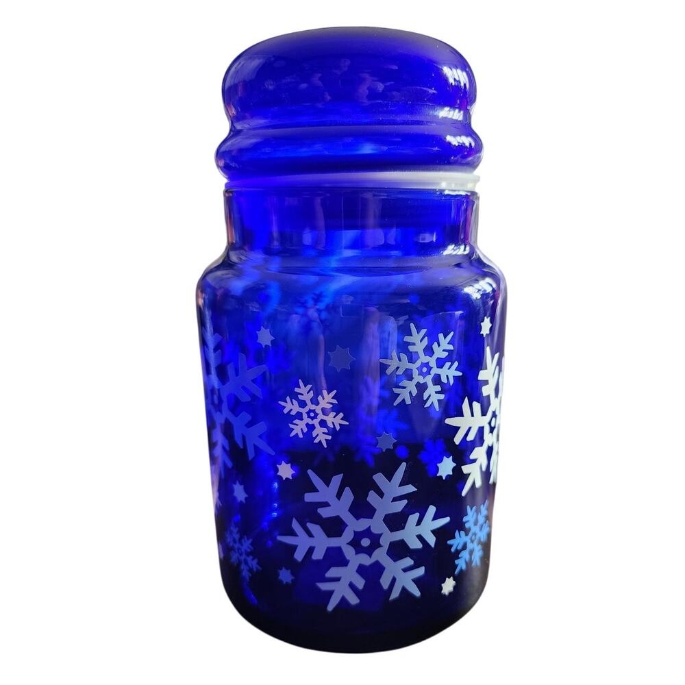 Libbey Cobalt Blue Lidded Jar with Blue White Snowflakes Christmas Jar